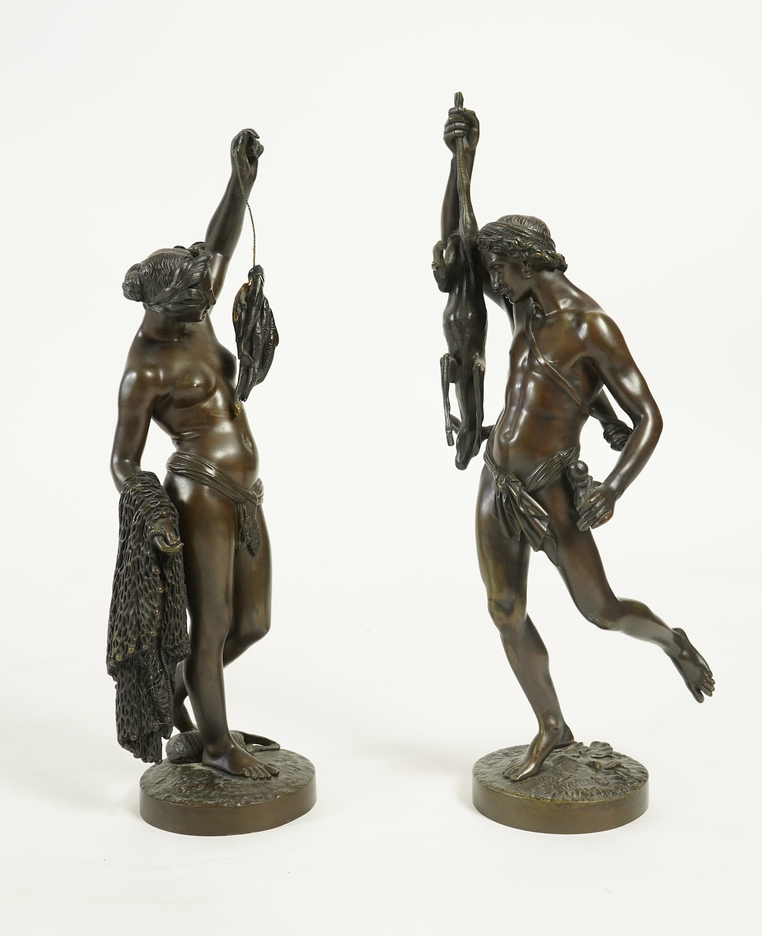 Jean-Jacques, called James Pradier (Swiss 1790-1852), a pair of bronze allegorical figures of fishing and hunting, La Pêche et La Chasse